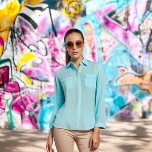 Loft Ann Taylor Light Teal Sheer Blouse SP Long Sleeve Button Front Pockets EXC